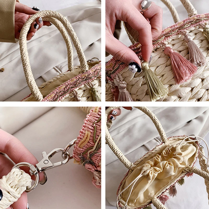 Fashion Women Shoulder Bag Rope Straw Bale Handbags Woven Small Tote Bag Tassels Handmade Beach Bags Rattan Bucket Crossbody Bag