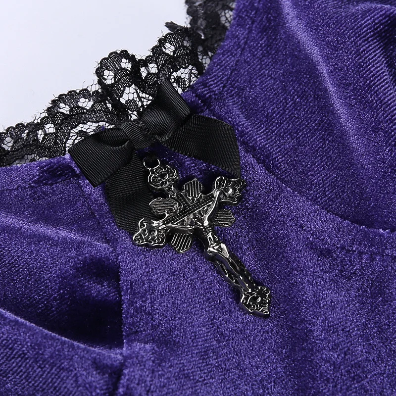 Фото Женское винтажное бархатное платье Goth Cross, фиолетовое ТРАПЕЦИЕВИДНОЕ ПЛАТЬЕ в стиле Лолиты, вечернее платье с высокой талией в готическом стиле №4