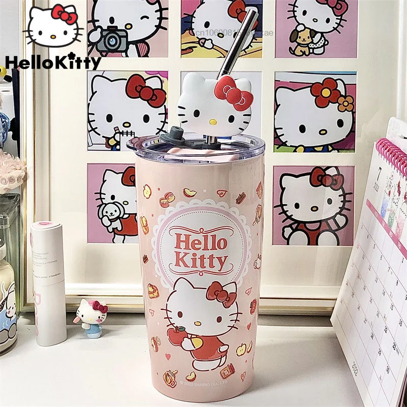 

600ml Sanrio Cute Hello Kitty Kuromi Cartoon Thermos Straw Cup Kawaii Anime Cinnamoroll My Melody Drink Water Keep Warm Cup Pink