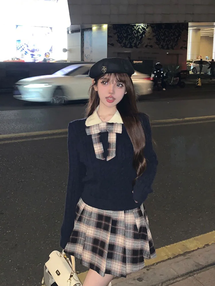 Костюм в стиле преппи комплект из 2 предметов с юбкой милый кардиган воротником