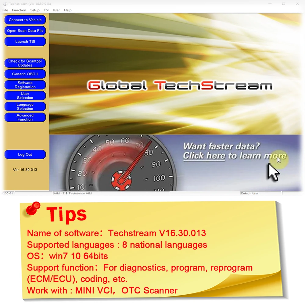 Програмное обеспечение для сканирования Toyota Techstream V16.30.013 Новый ECM ECU mini vci