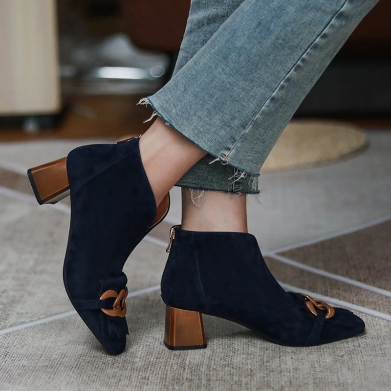 HOT SALES Autumn/Winter Women Boots Sheep Suade Round Toe Square Mid-Heel Ankle Boots Tassel Zipper Fashion Office Ladies Shoes images - 6