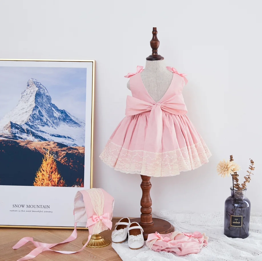 

New 2pcs Little Girls Pink Lace Dresses Spanish Children's Boutique Clothing Baby SY035