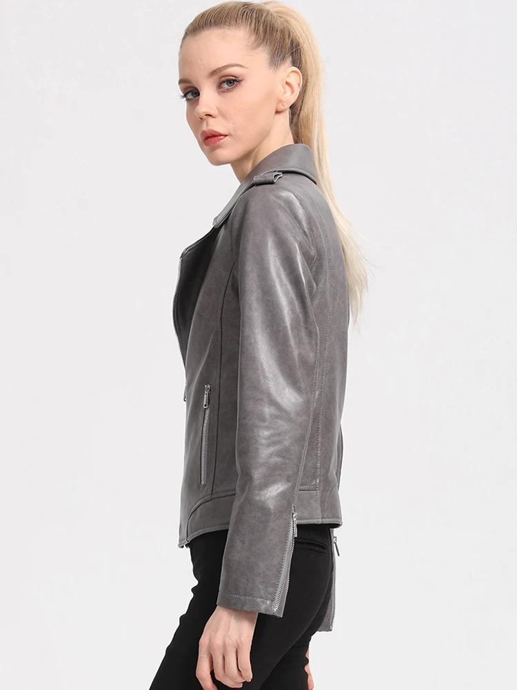 New Women Short Sheepskin Coat Spring Autumn Fashion Soft Turn-down Collar Long Sleeve Genuine Leather Jacket Slim Outerwear