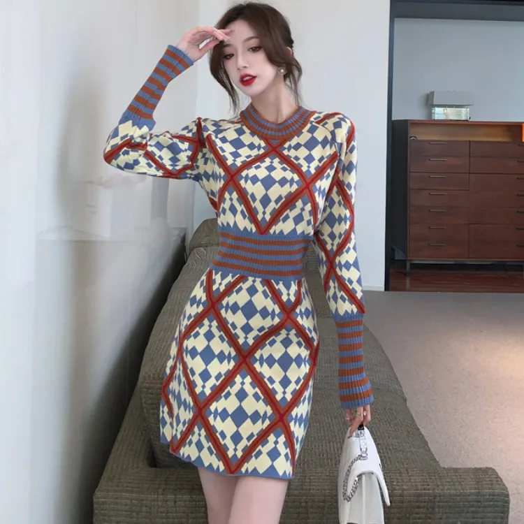 

New Autumn Winter Long Sleeve Slim Pullover Sweater Dress Women's Knitting O Neck Female Fashion Causal Lady Dresses Vestidos