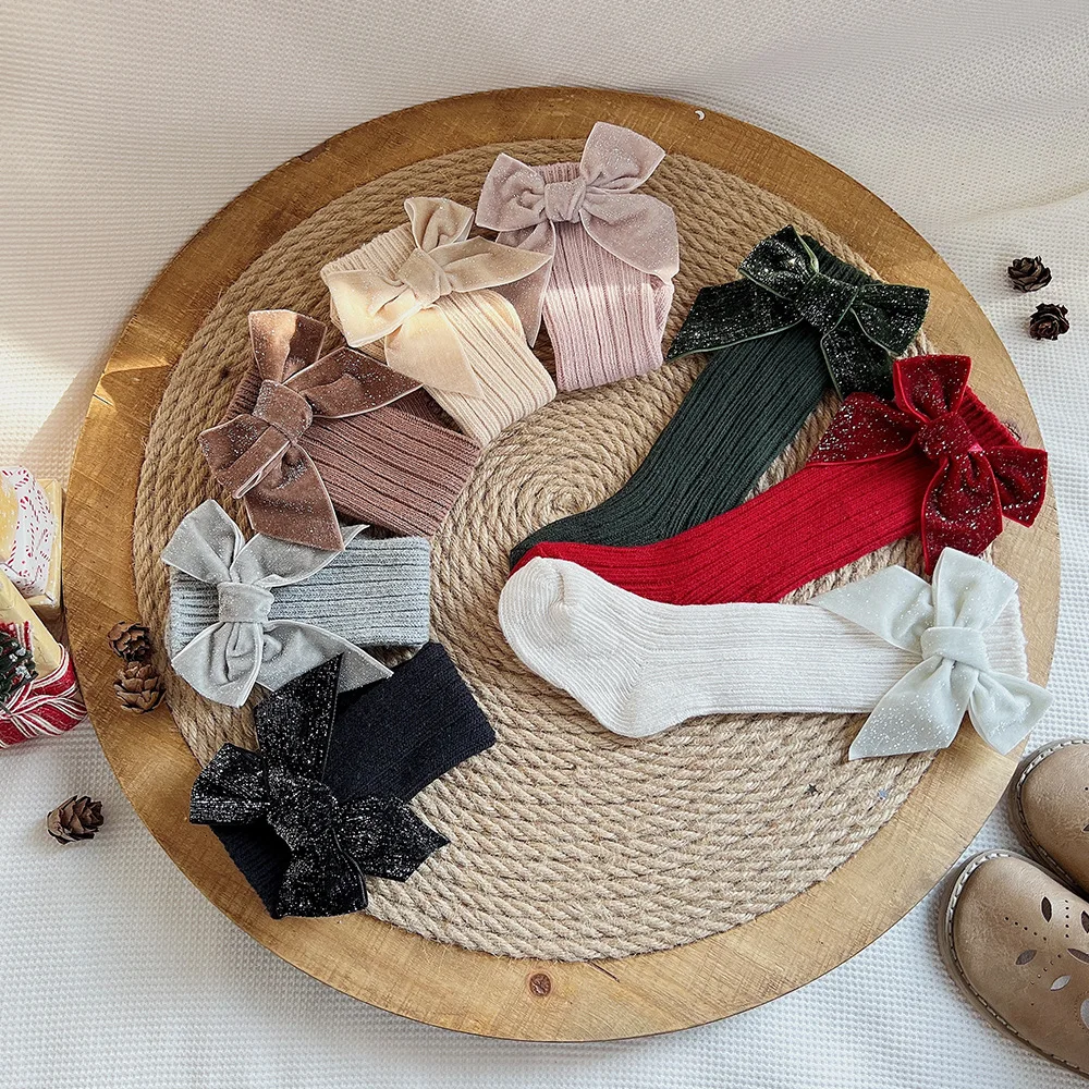 

Милые рождественские носки для маленьких девочек, зимние длинные носки, Детские хлопковые носки до колена с большим бантом, детские носки д...