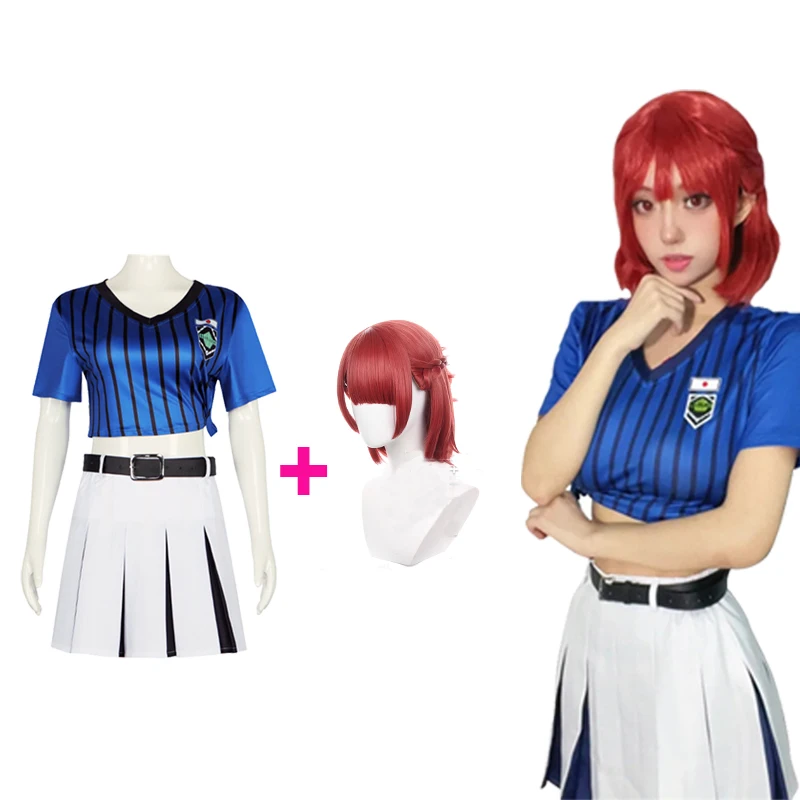 Костюм для косплея голубого замка Anri Teieri, парик, юбка, Униформа, полосатая футболка, чулки, розовая сетка, синтетические волосы