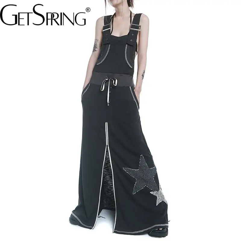

GetSpring Women Dress Five Pointed Star Sleeveless Zipper Split Drawstring Loose Long Ladies Summer Dresses 2022 New Arrival