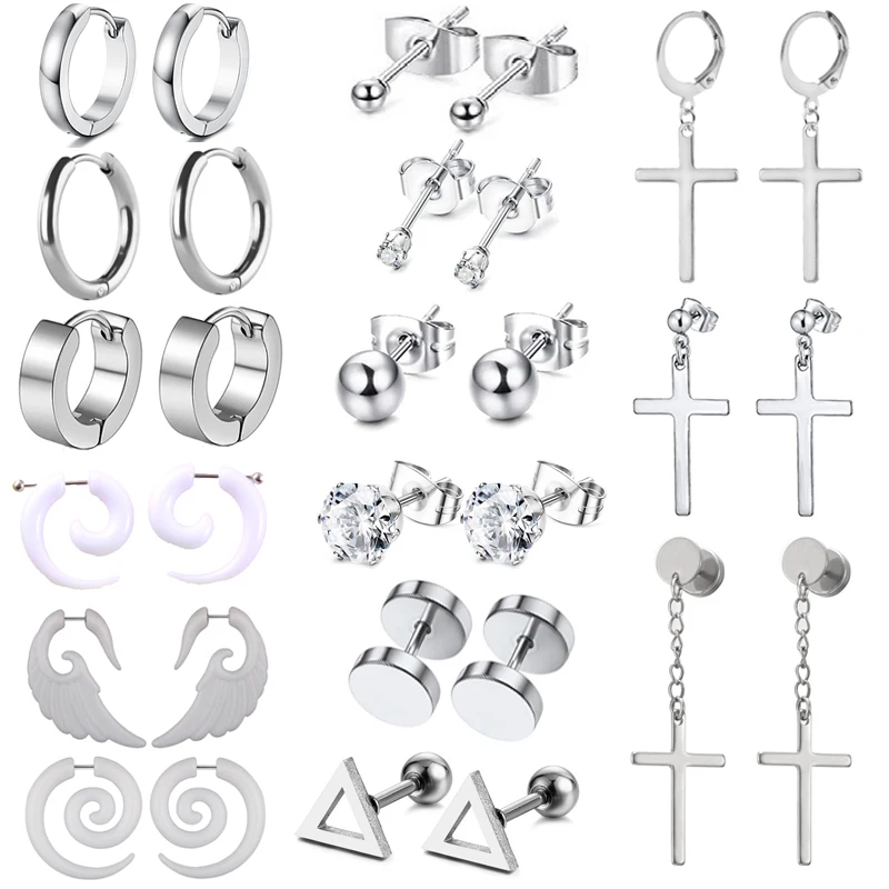 

15Pairs/Lot KPOP DNA Stud Earring Set Stainless Steel Hoop Earring For Men Women Cross Silver Color Gothic Punk Rock Jewelry