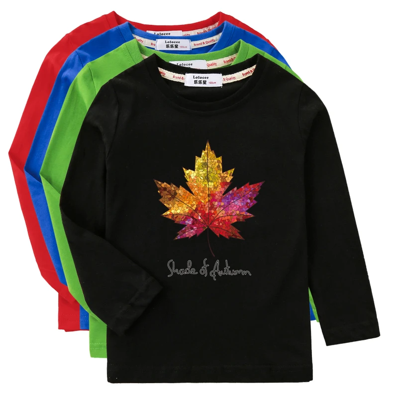 Autumn Maple Leaf T-Shirts Kids Long Sleeve Shirts Boys Fashion Print Tops Girls Spring Cotton Clothes