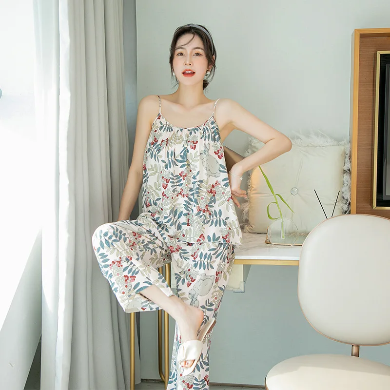 Summer Suspended Pajamas for Women Sexy Women Nightwear Cotton Silk Wide-leg Pants Sleepwear Set Thin Printing Women Pajama Sets
