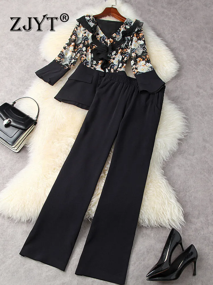 

ZJYT Spring Print Blouse and Pants Set Costume 2022 Elegant Flare Sleeve Shirt Trousers Suit Two Piece Outfits Office Vintage