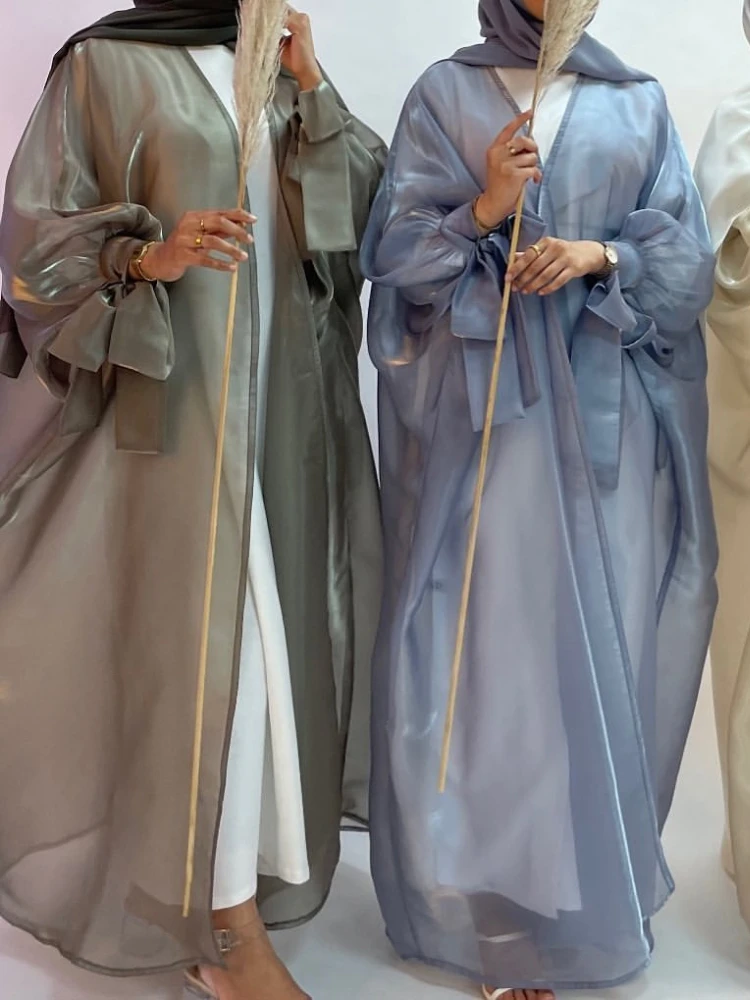 

Summer Ramadan Eid Abaya Dubai Shiny Puff Sleeves Silky Muslim Dress Turkey Islam Open Abayas for Women Kimono Kaftan Djellaba