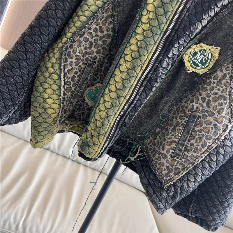 Женская джинсовая стеганая куртка с леопардовым принтом длинные рукава