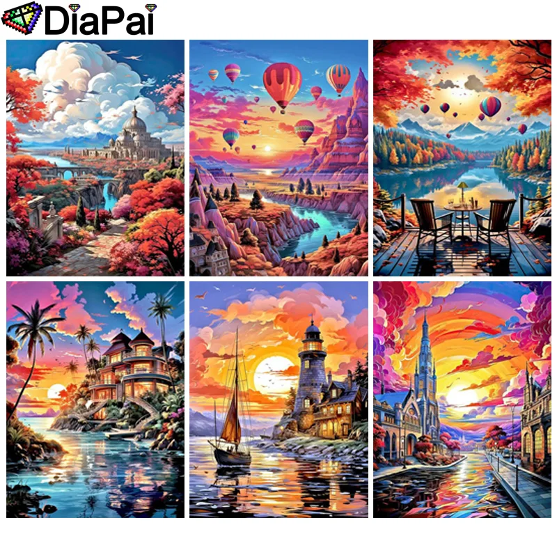 

DIAPAI Art 5D Diy Diamond Painting "Scenery Hot air balloon Sunset" Diamond Pictures Cross Stitch 3D Rhinestone Embroidery Decor