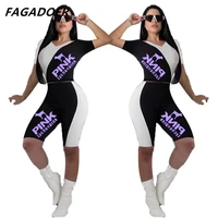 fagadoer pink printing short sleeve patchwork t shirt and leggings pants women casual sets tracksuits fitness sport 2pcs outfits