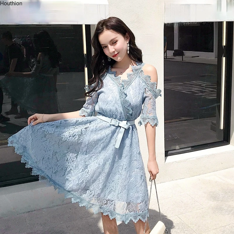 

New Short Sleeve Women's Dress Lace Solid Splicing Fashion Korean High Waist V-neck Summer Female Clothing A-LINE