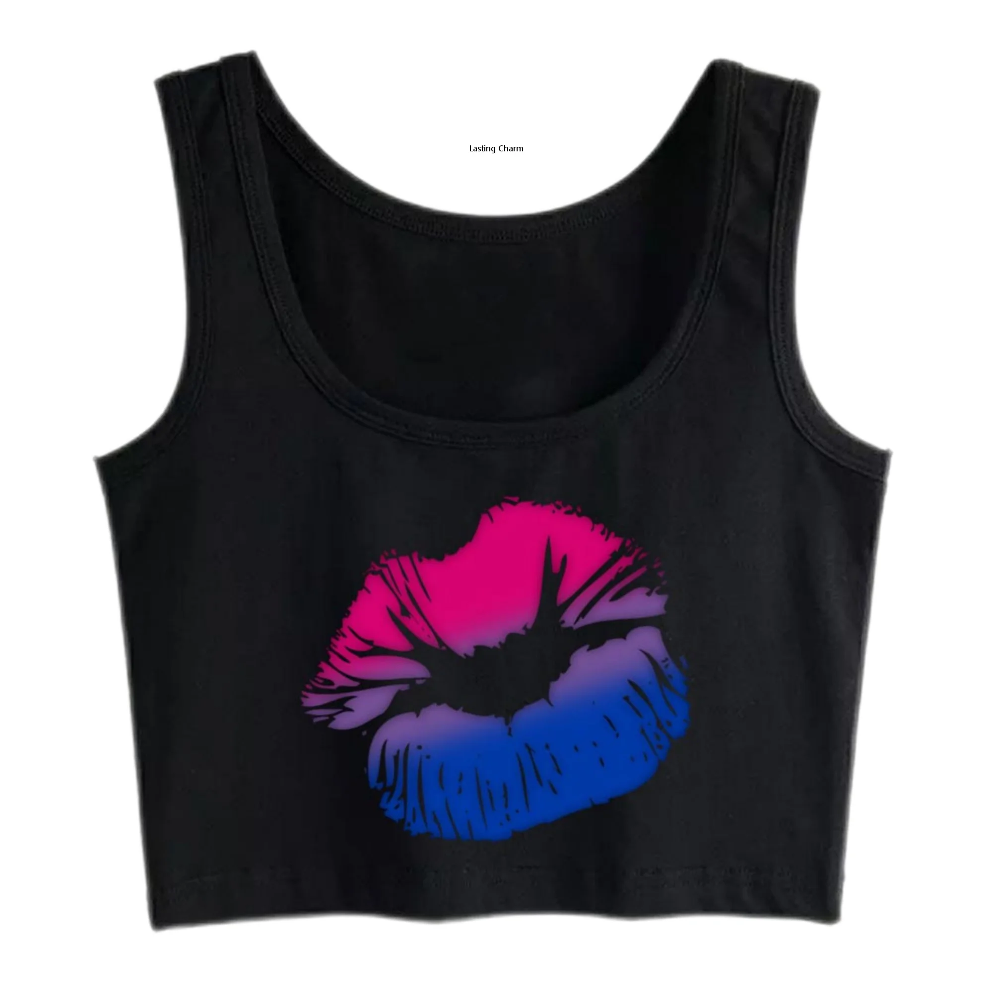 

Bisexual Big Kissing Lips Design Breathable Slim Fit Crop Top Women's Pride Month Essentials Sexy Tank Top Summer Camisole