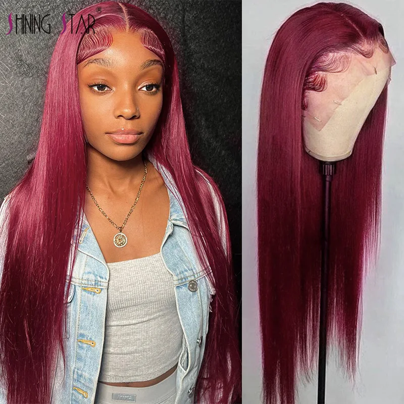 

Парик из натуральных волос бордового цвета 99J, с предварительно выщипанными волосами, 13 х4