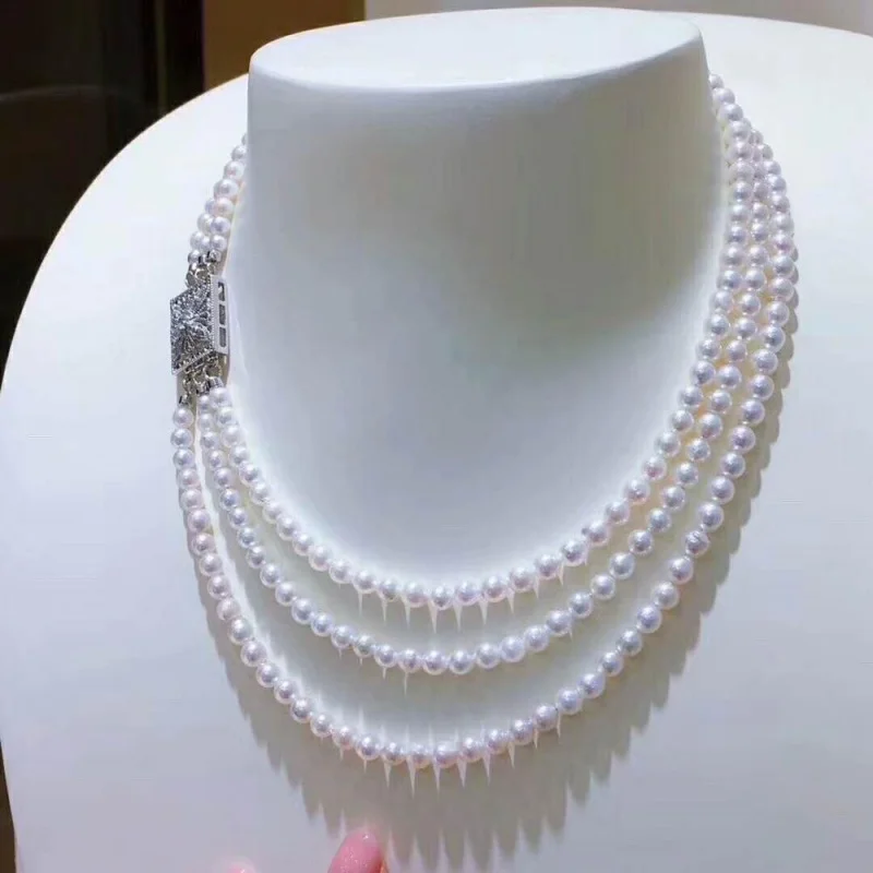 

Ожерелье ручной работы с узлом, 3 нити, 6-7 мм, белый пресноводный жемчуг, инкрустация микро цирконием, аксессуары, ожерелье длиной 43-50 см
