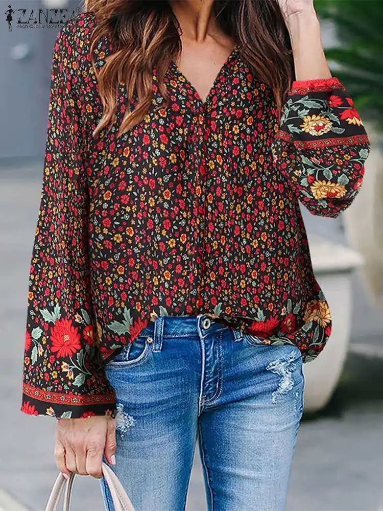 

ZANZEA 2023 Spring Fall Women Elegant Loose Blouses Bohemian Floral Print Casual Tops V-Nec Female Long Sleeve Tunic Streetwear
