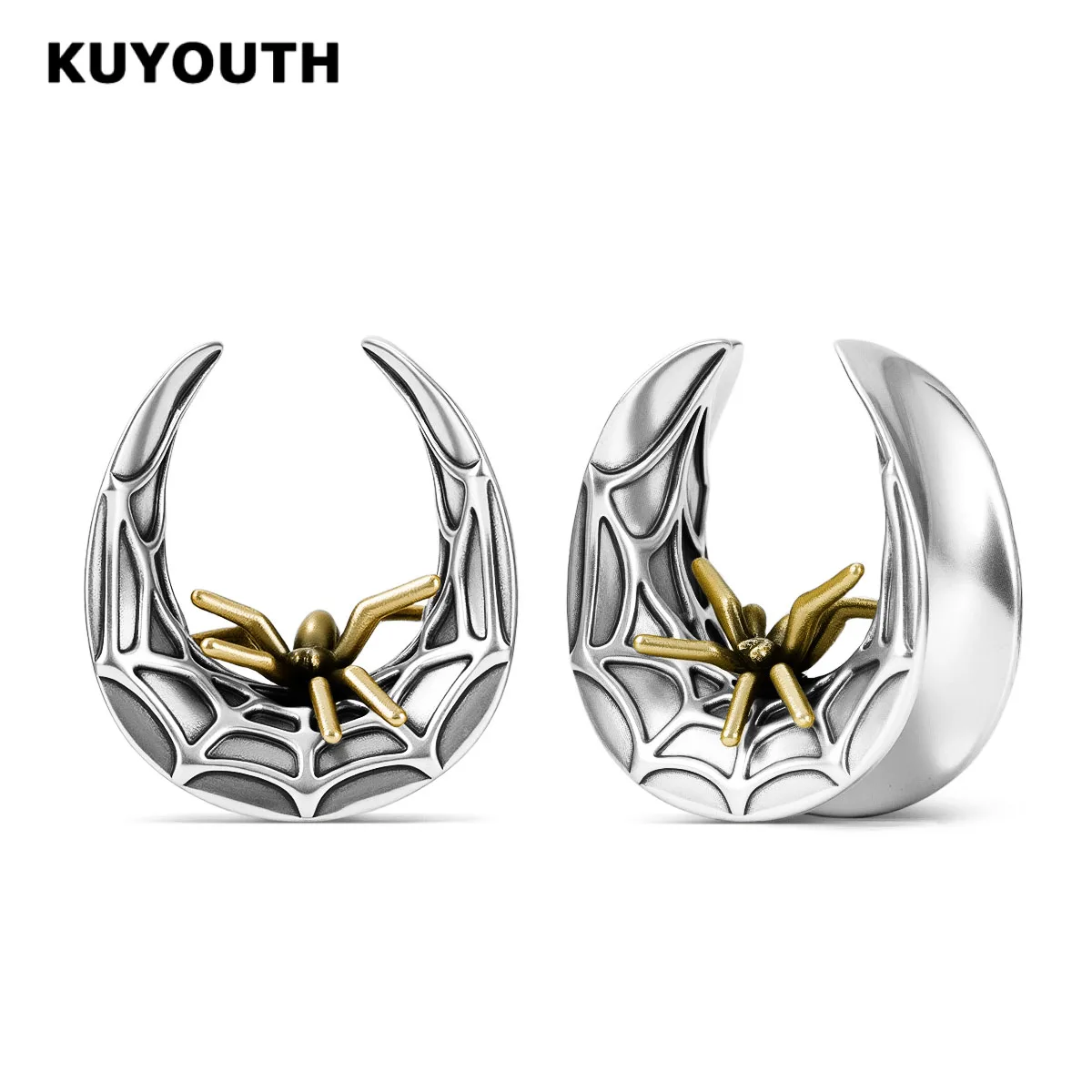 Фото KUYOUTH 2 шт., готические паутины, ушные туннели, заглушки, медные расширители в форме седла, калибры, носилки, ювелирные изделия для пирсинга, серьги №1