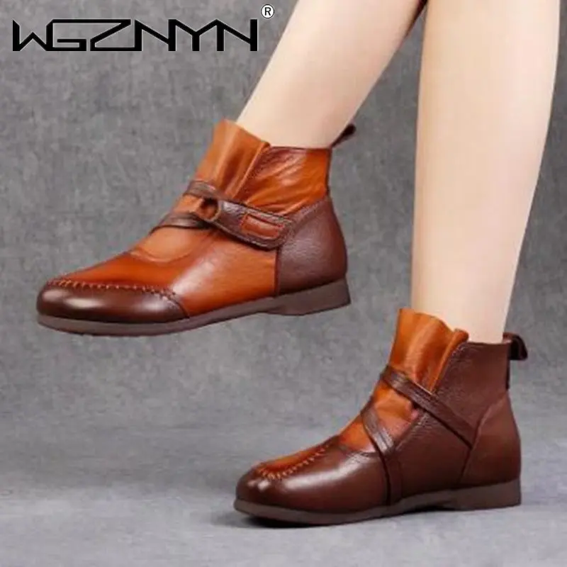 

Женские ботильоны ручной работы, водонепроницаемые ботинки из натуральной кожи с круглым носком, на шнуровке, на низком каблуке, в стиле рет...