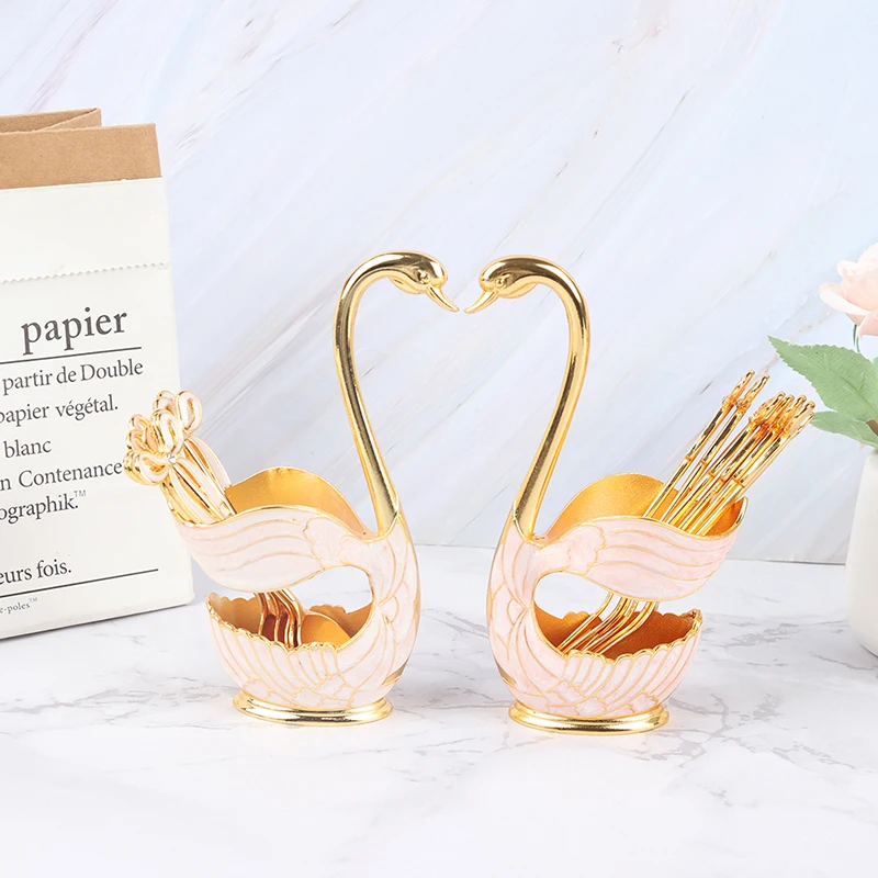 Набор золотых кофейных десертных ложек подставка под лебедь 6 для мороженого