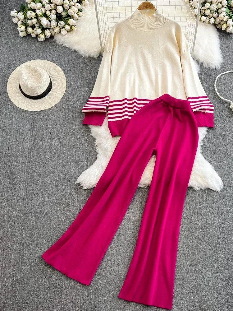 Женский полосатый пуловер с высоким воротником прямой вязаный свитер широкими