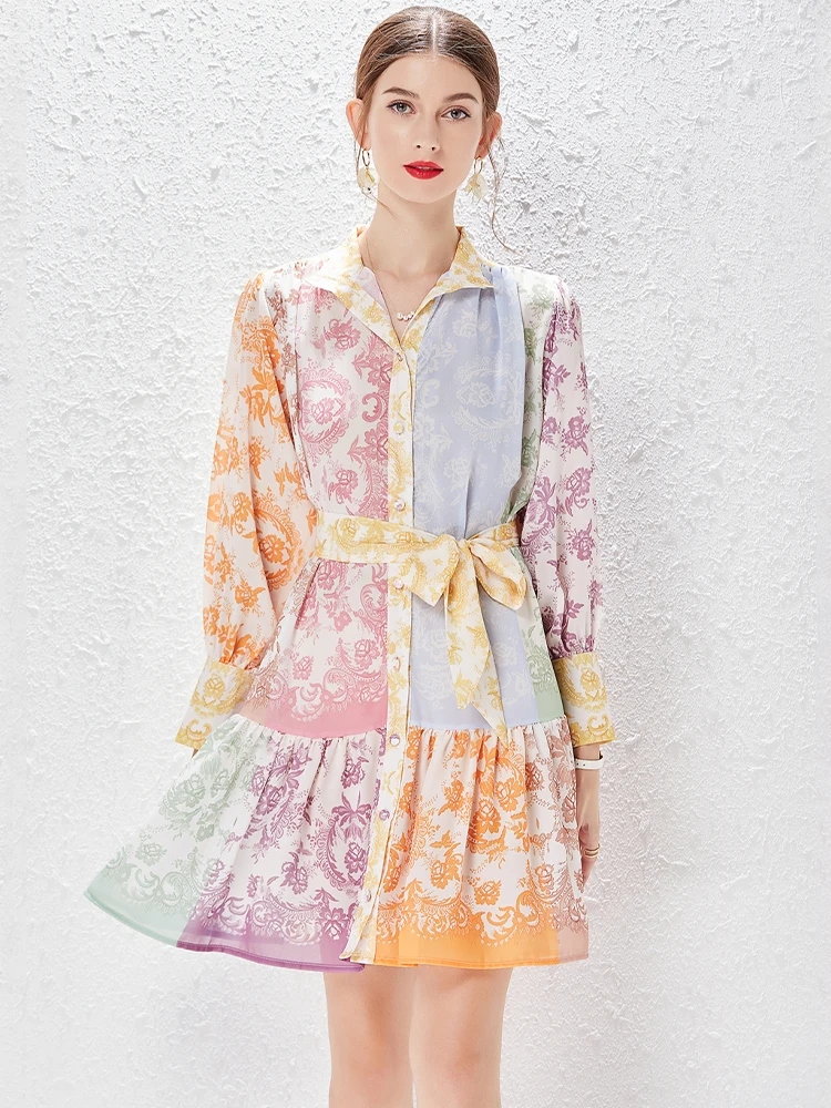 

Long Sleeve Patchwork Print Elegant Dress Summer Fashion Stand Collar Single Breasted Lace Up Mini Dresses 2022 Women'S Clothing