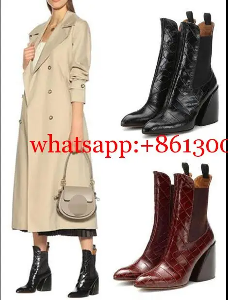 

High Quality Woman Cow Leather Chunky High Heel Pointed Toe Ankle Boots Elastic Crocodile Pattern High Heel Ankle Boots Size 43
