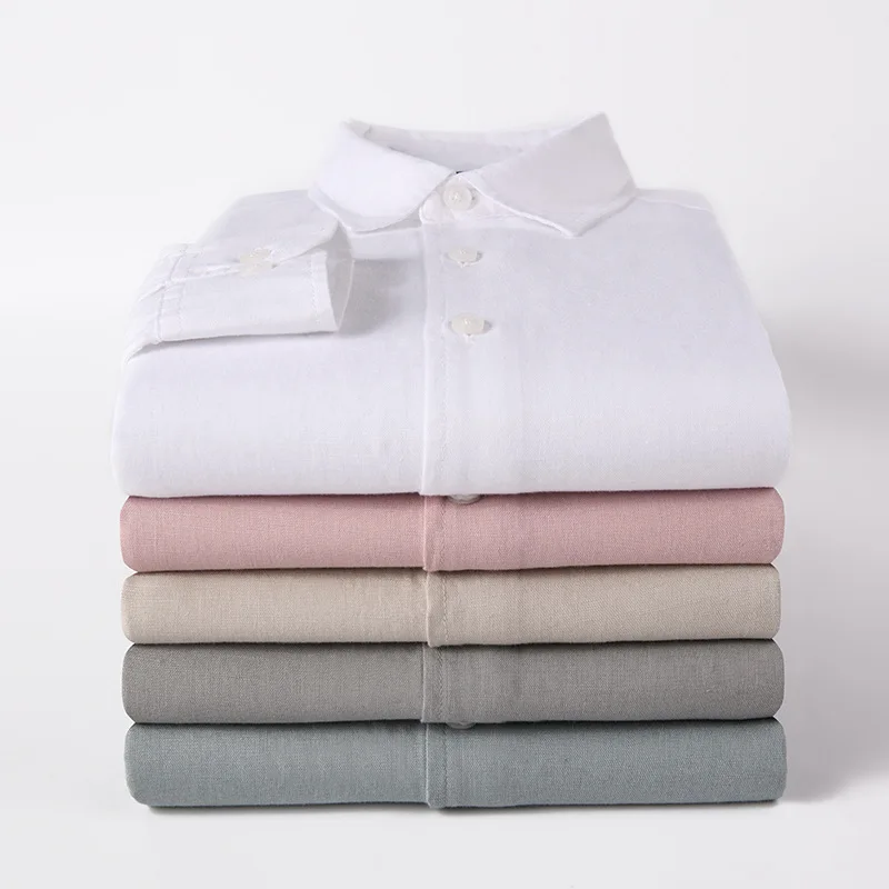 New Linen Shirts for Man Clothing Pure Color 52.1% Linen + 47.9% Cotton Shirt Men Long Sleeve Slim Fit Square Collar Comfortable