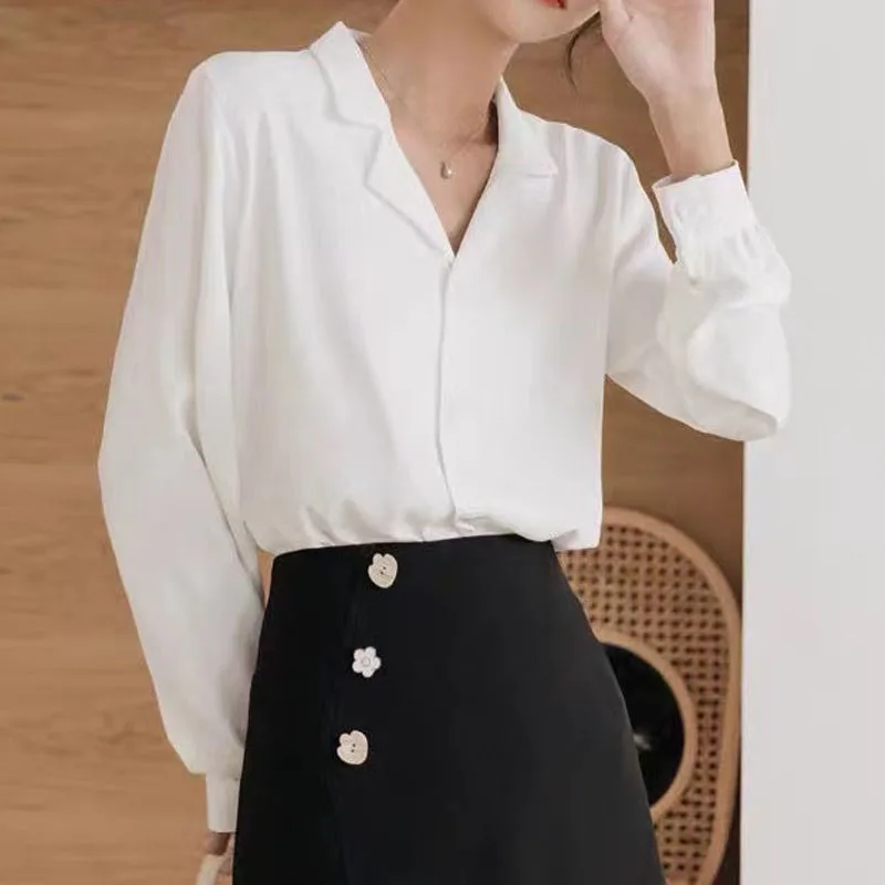 

Блузка женская с длинным рукавом, топ в Корейском стиле, винтажная офисная Повседневная рубашка с отложным воротником, весна-осень