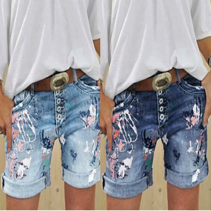 2022 Female Flower Casual Bottoms Harajuku Vintage Streetwears Summer New Plus Size Women's Denim Shorts Washed Printed Jeans