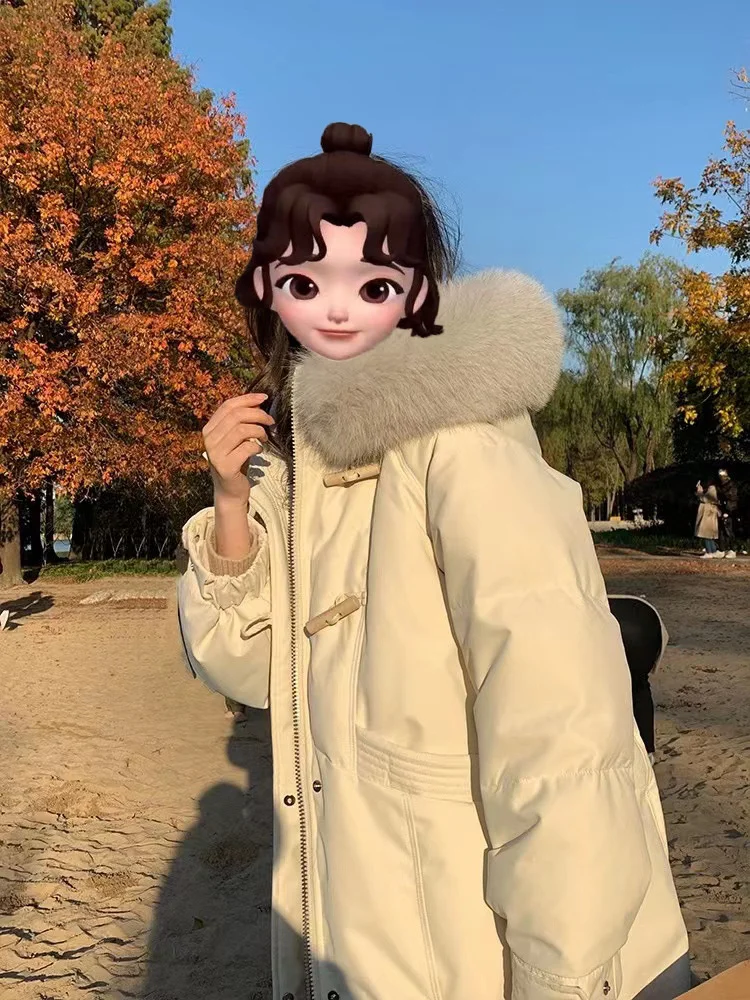 

Новинка 2023, модное зимнее утепленное хлопковое пальто корейского стиля с большим меховым воротником и небольшой талией