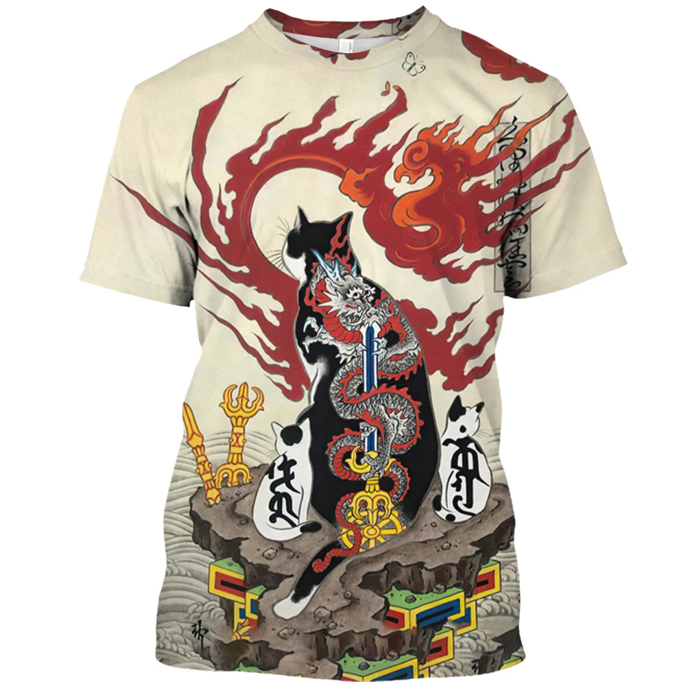 Japan Samurai Cat Printing Men's and Women's T Shirt Fashion Trend Style Casual O-neck Tees Oversized Short Sleeve Free Shipping