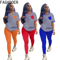 fagadoer striped women two piece sets home casual jogger suits women tracksuits patchwork t shirt pants matching sets outfits
