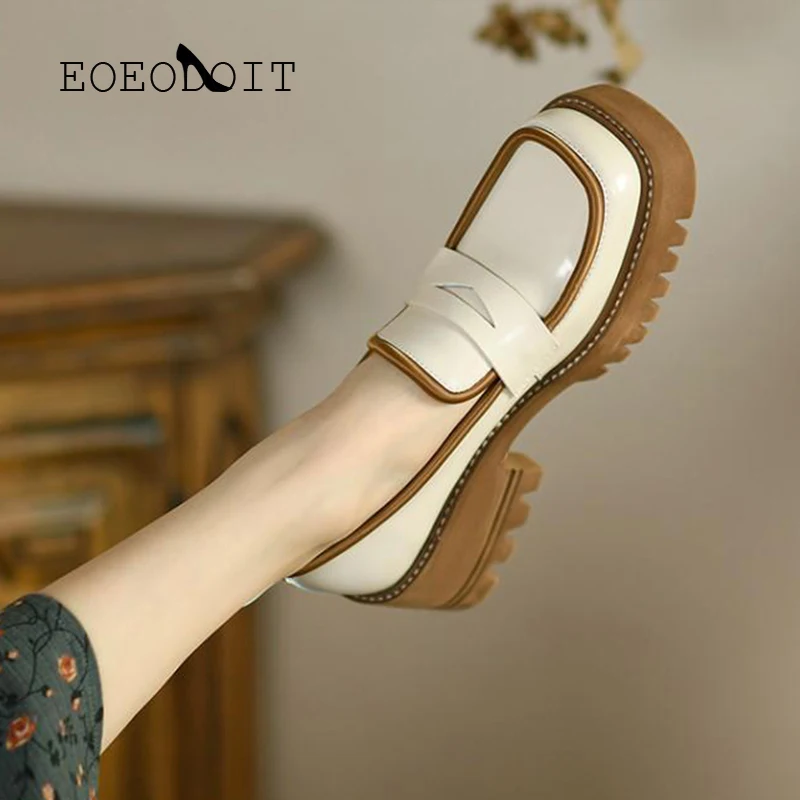 

Туфли-лодочки EOEODOIT женские кожаные, квадратный носок, лоферы, платформа, каблук, без застежки, Ретро стиль, весна-осень