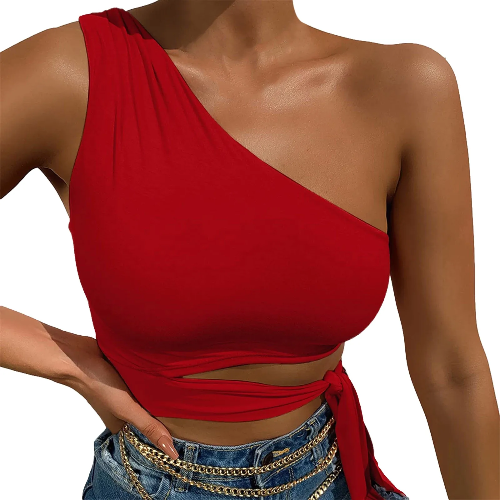 

Женский короткий топ на одно плечо, без рукавов