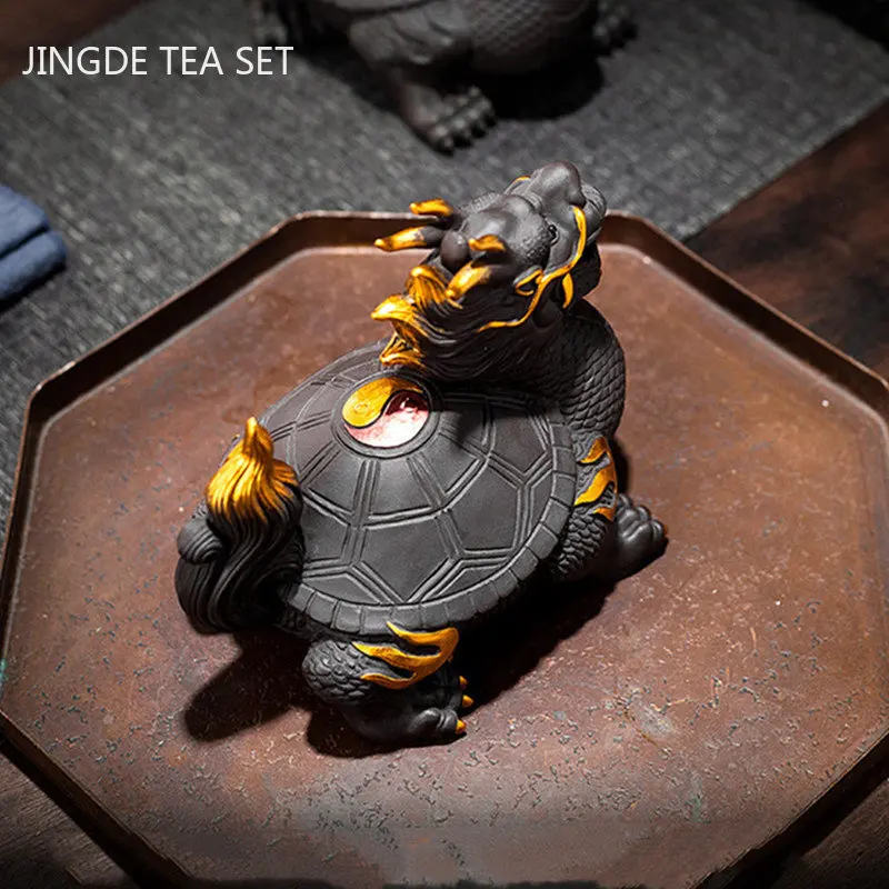 Purple Clay Dragon Turtle Tea Pet Ornaments Can Raise Fengshui Home Decoration Animal Sculpture Crafts Chinese Tea Accessories images - 6