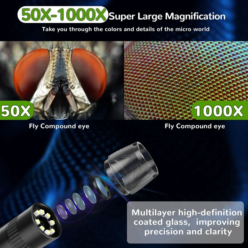 Микроскоп для детей с увеличением 50X-1000X IPS HD-экран фотографии 2-31 МП видео 1080P 2 часа