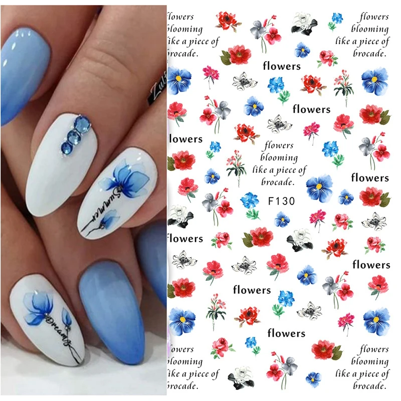 

Nail Art Decals Grey Red Blue Florals Watercolor Bloom Flowers Letters Back Glue Nail Stickers Decoration For Nail Tips Beauty
