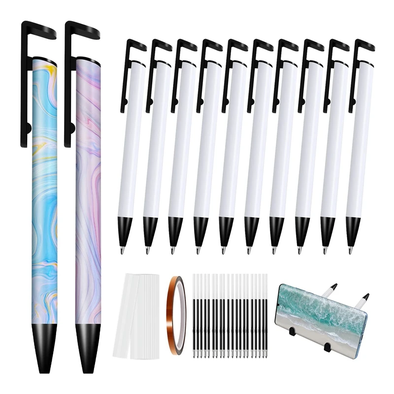 

Pack Of 10 Sublimation Pen Blanks, Thermal Transfer Pen Bulk With Heat Resistant Tape And Shrink Wrap And Refills