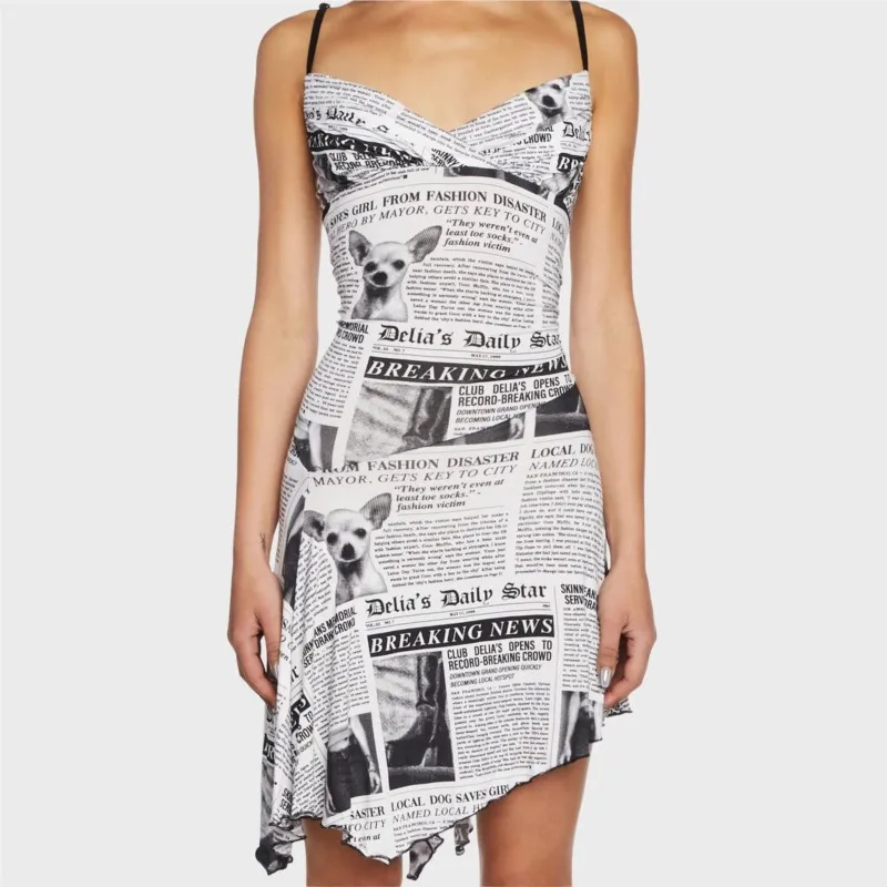 

Beach Dress And Tunics Cover Up Swim Wear For Women 2023 New Spicy Irregular Newspapers Print Neck Sexy Slim One Solid Polyester