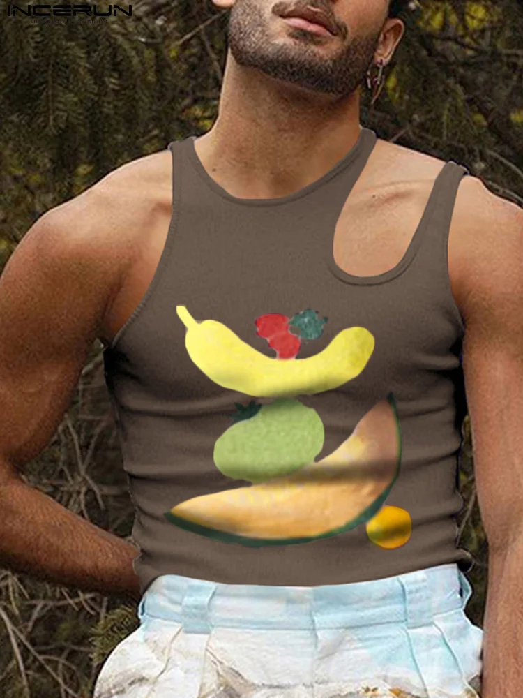 

INCERUN Men Tank Tops Printed O-neck Sleeveless Streetwear Skinny Hollow Out Irregular Vests Vacation Men Clothing 2022 S-5XL