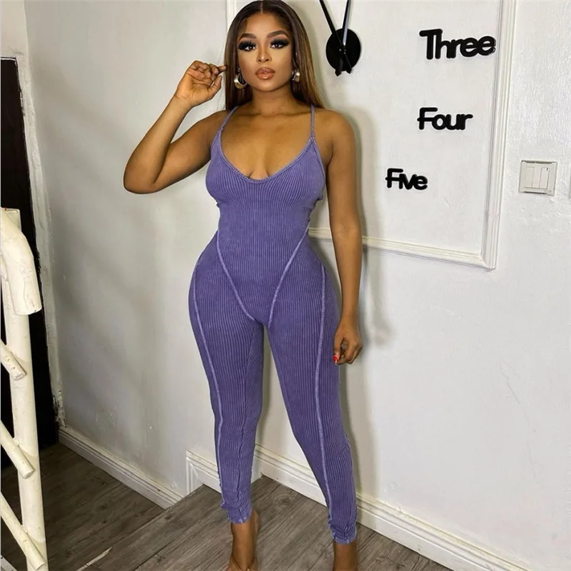 

Rib Knitted Cami Slim Jumpsuits Women Sexy Spaghetti Straps Backless Bodycon One Piece Fitness Rompers Casual Sport Overalls