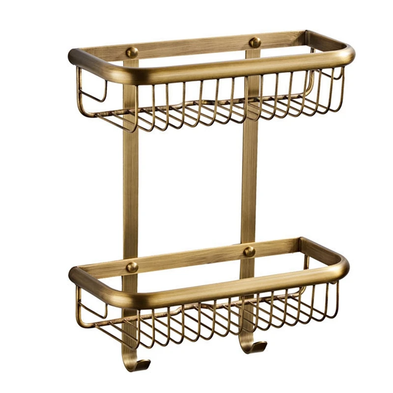 Rectangular European-Style Bathroom Rack Storage Rack Wall-Mounted 30Cm Double-Layer Hook Rack Brass Gold