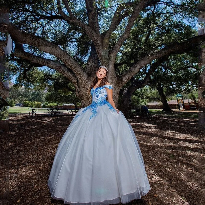 

White Quinceanera Dresses BlueLace Appliques Ball Gown Off the Shoulder Lace-up Party Celebrity Party Gowns Graduation