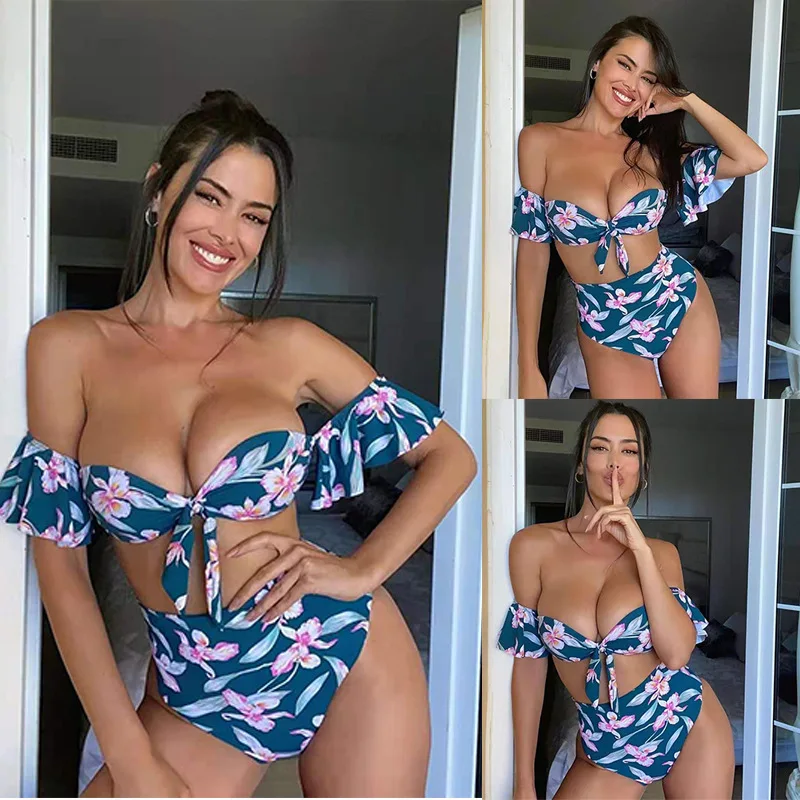 Женский купальник на одно плечо с оборками и высокой талией |