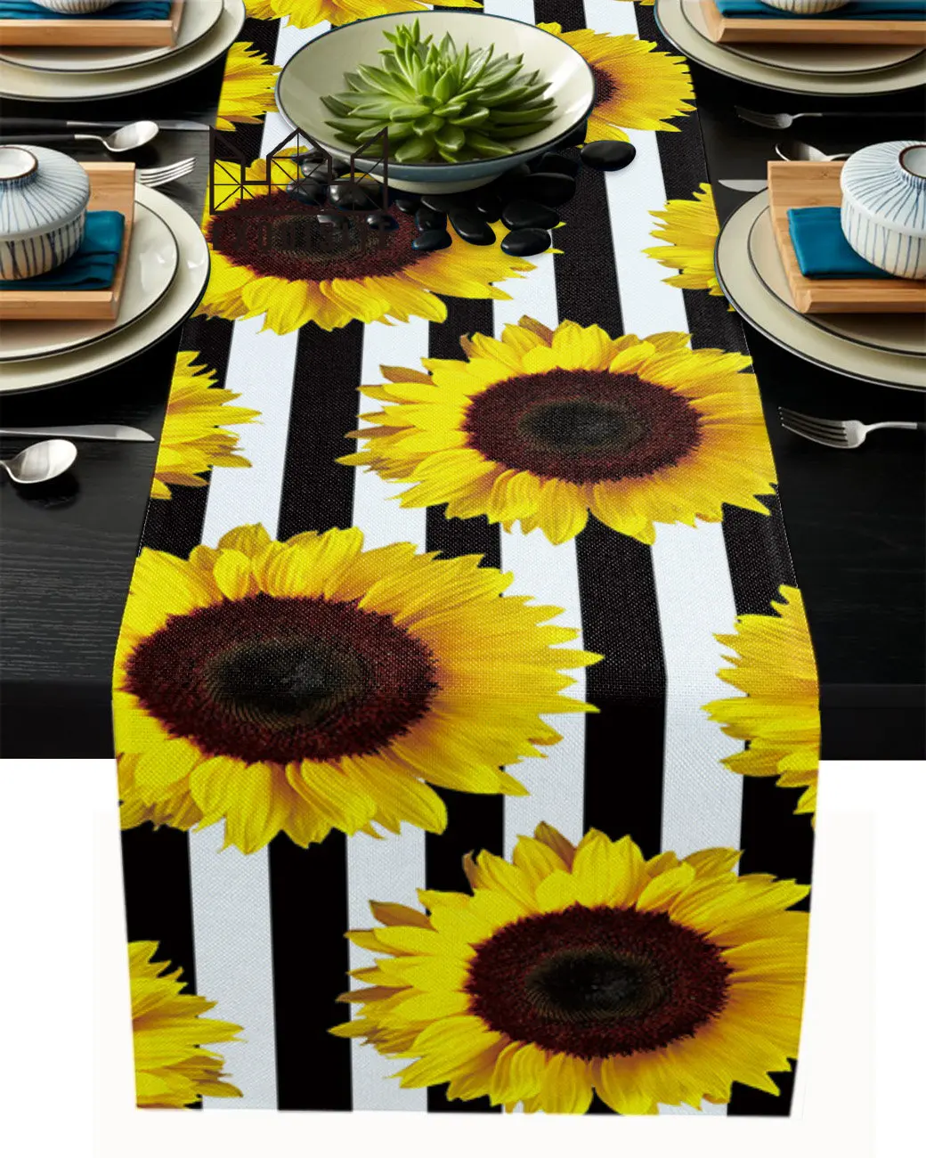

Настольная дорожка в черно-белую полоску в виде подсолнуха, Настольная скатерть для свадебной вечеринки, столовая скатерть, украшение для д...